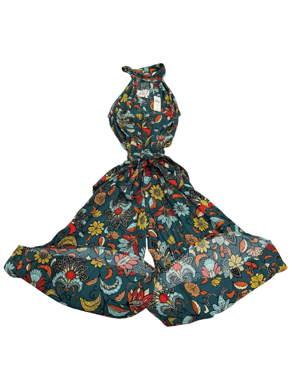 Anthropologie Women’s Geneva Halter Wide-Leg Jumpsuit Teal Floral Size Small - Picture 7 of 15